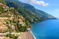 Positano, Amalfi Coast, Campania, Italy. Panoramic view on old town at sunny day